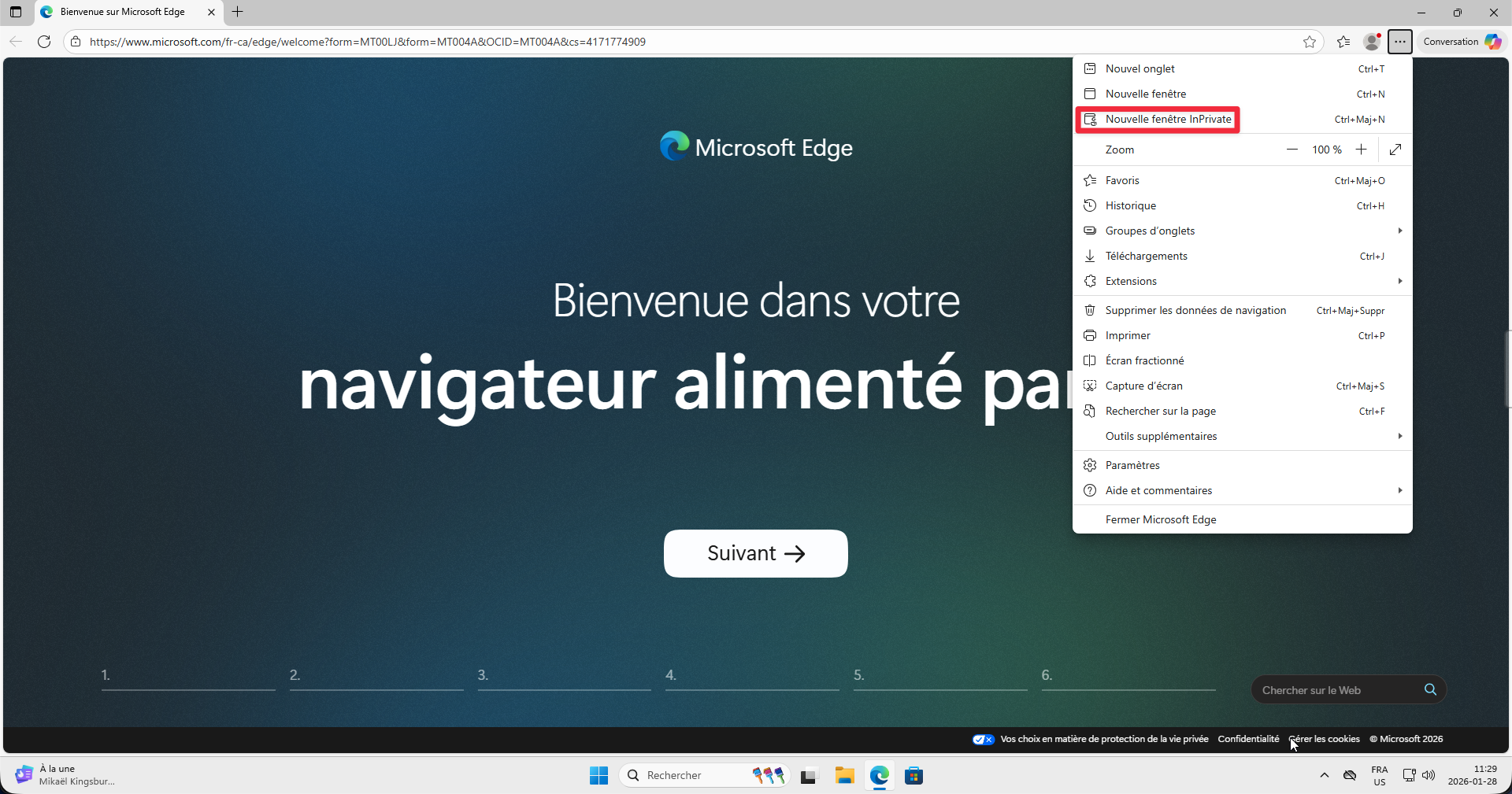 Option Nouvelle fenêtre InPrivate dans le menu Edge