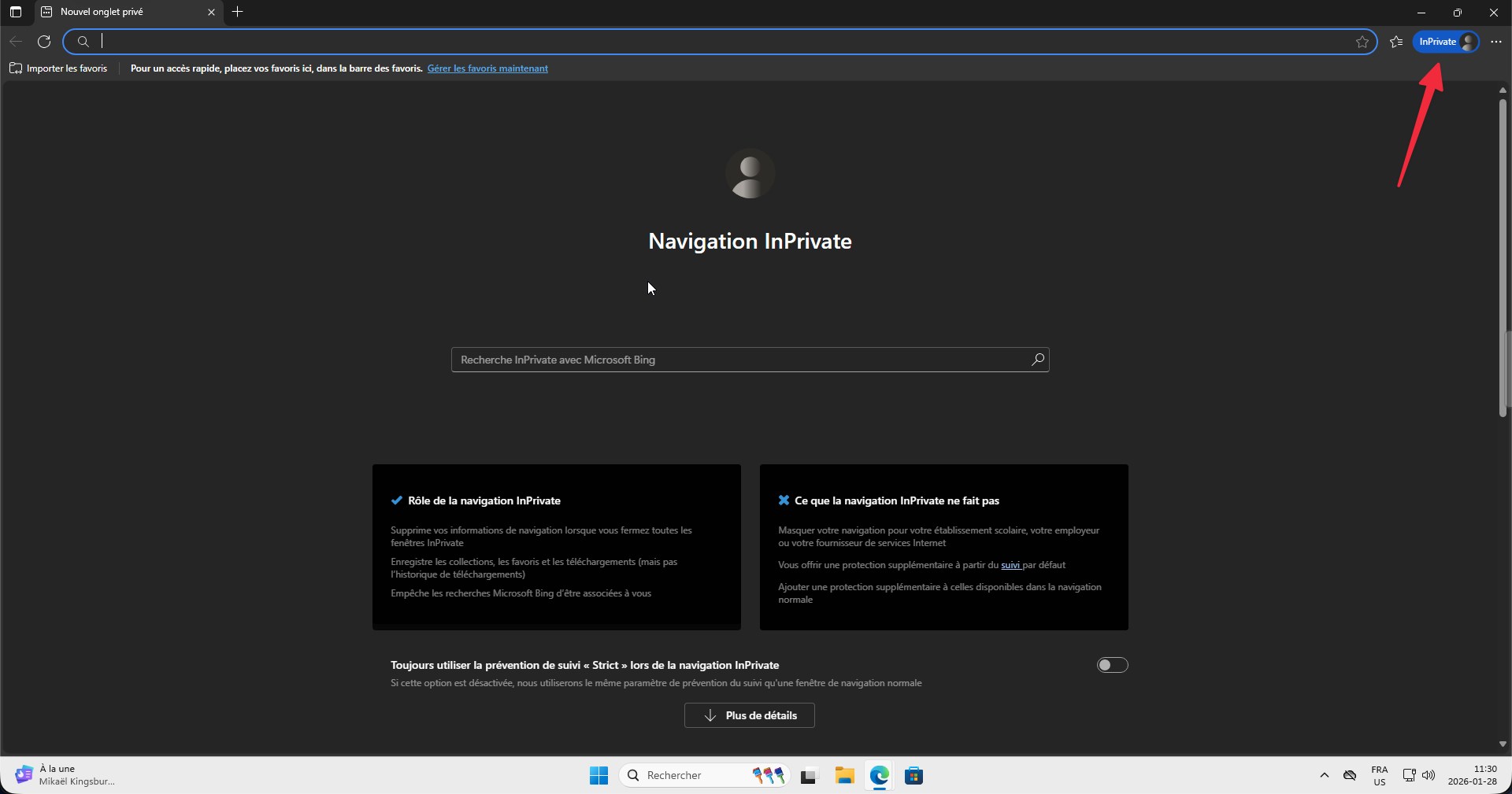 Fenêtre Edge en mode navigation InPrivate