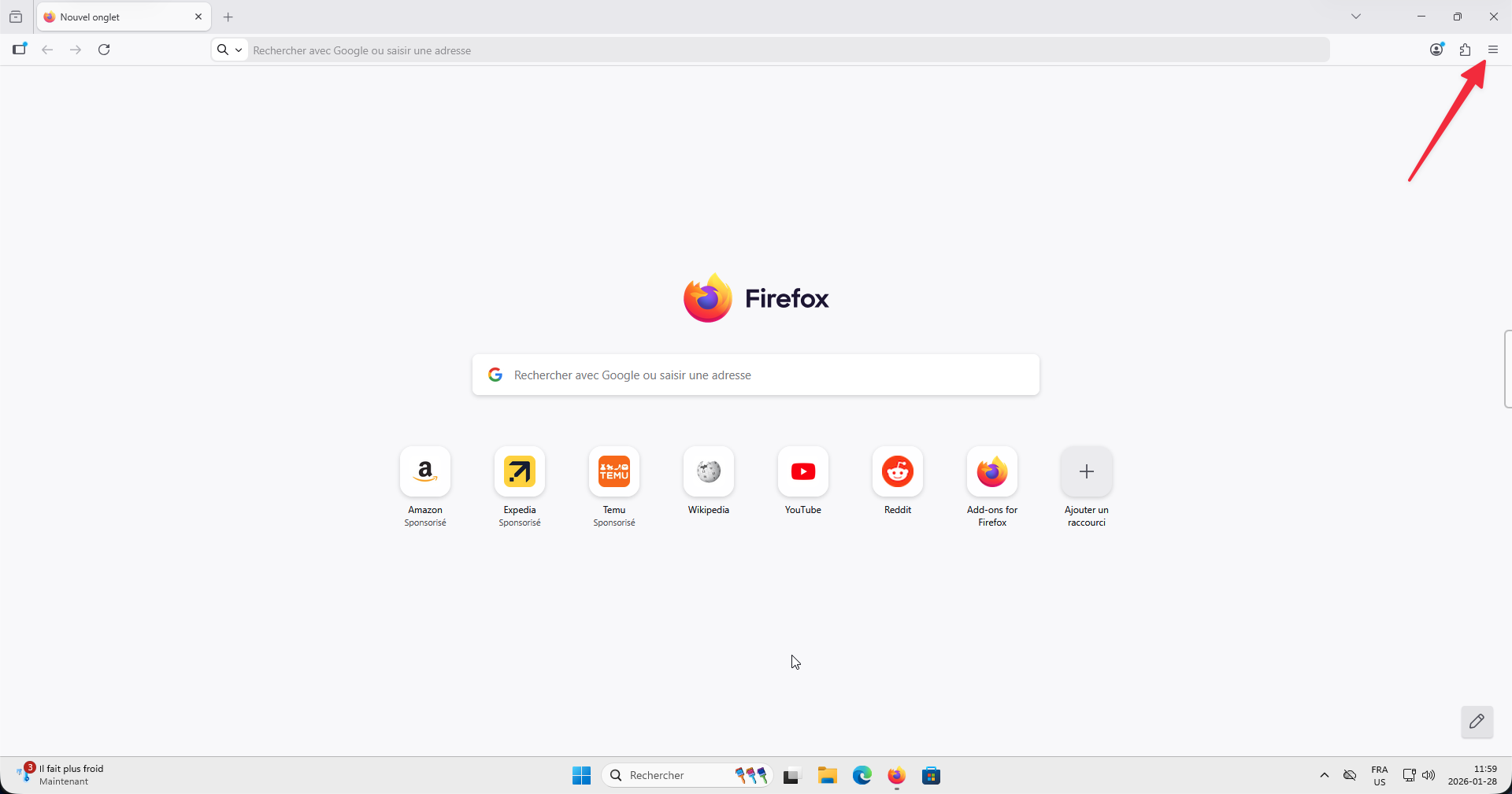Menu hamburger dans Firefox sur Windows