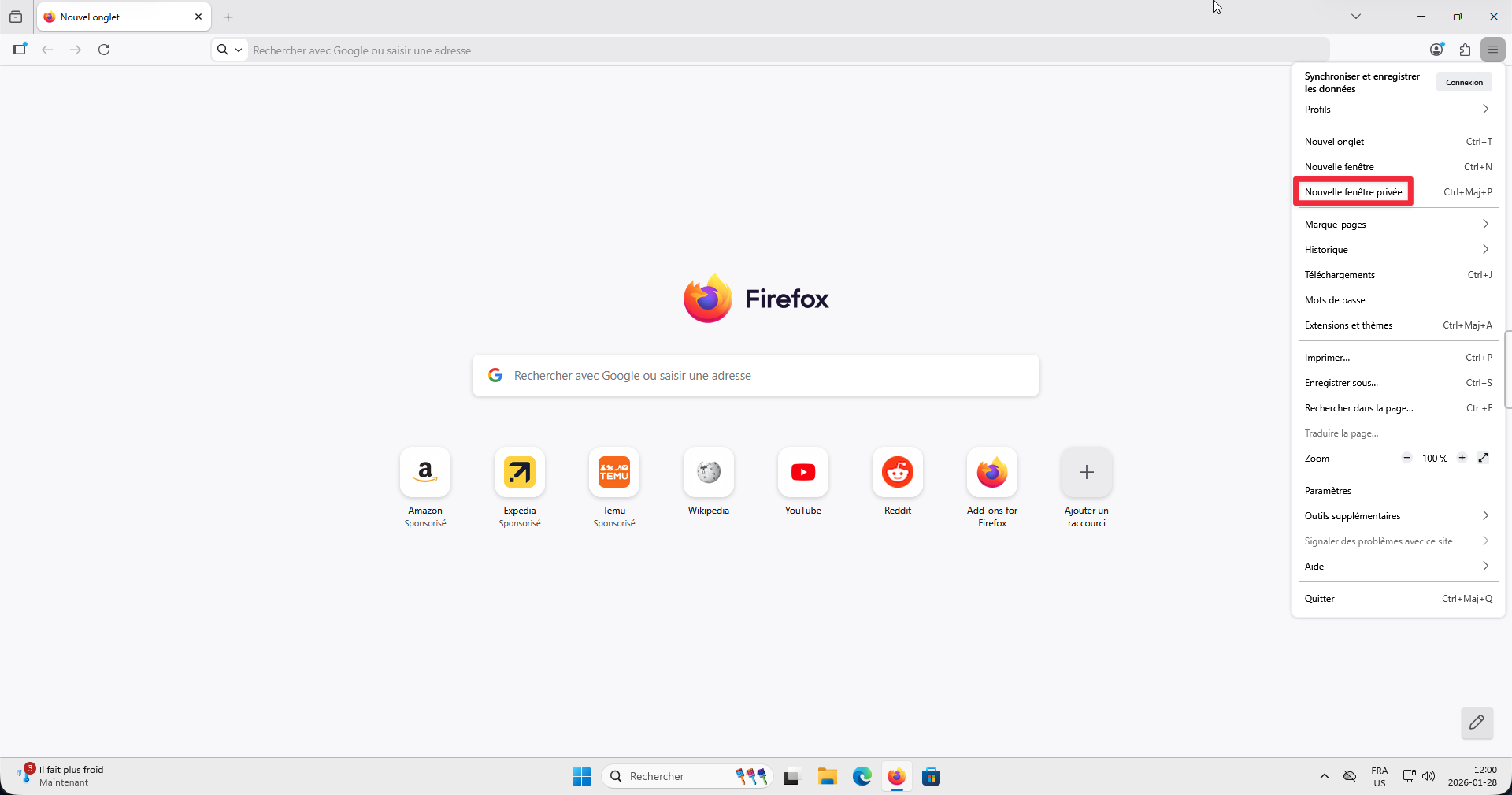 Option Nouvelle fenêtre privée dans le menu Firefox